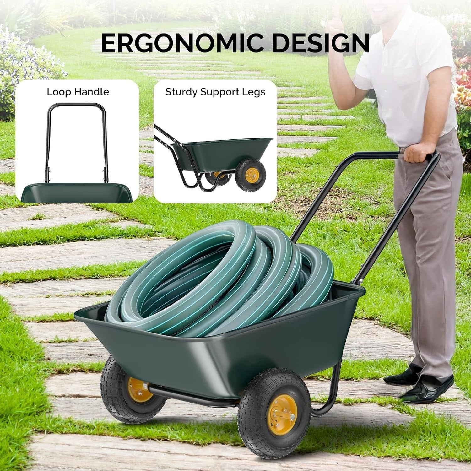 85L 2-Wheel Garden Wheelbarrow & Green Poly Cart w/ U Handle for 136kg Load
