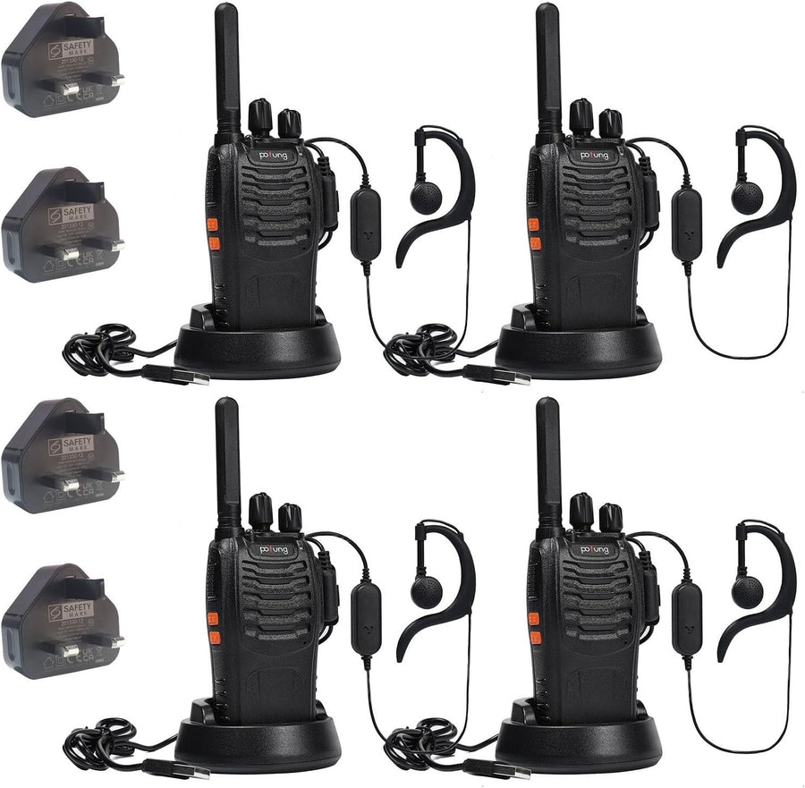 PMR446 Walkie Talkies 4 Pack Long Range 16 Channel Rechargeable VOX