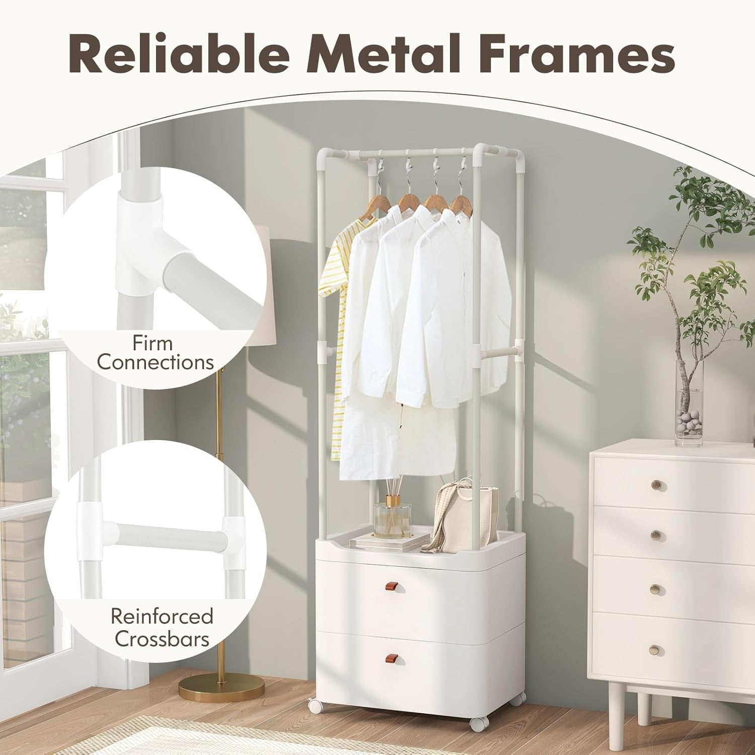White Clothes Rail with Wheels Drawers & Hooks 160cm