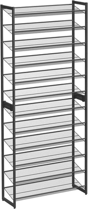 12-Tier Adjustable Metal Shoe Rack – Stackable, Holds 48-60 Pairs, Black