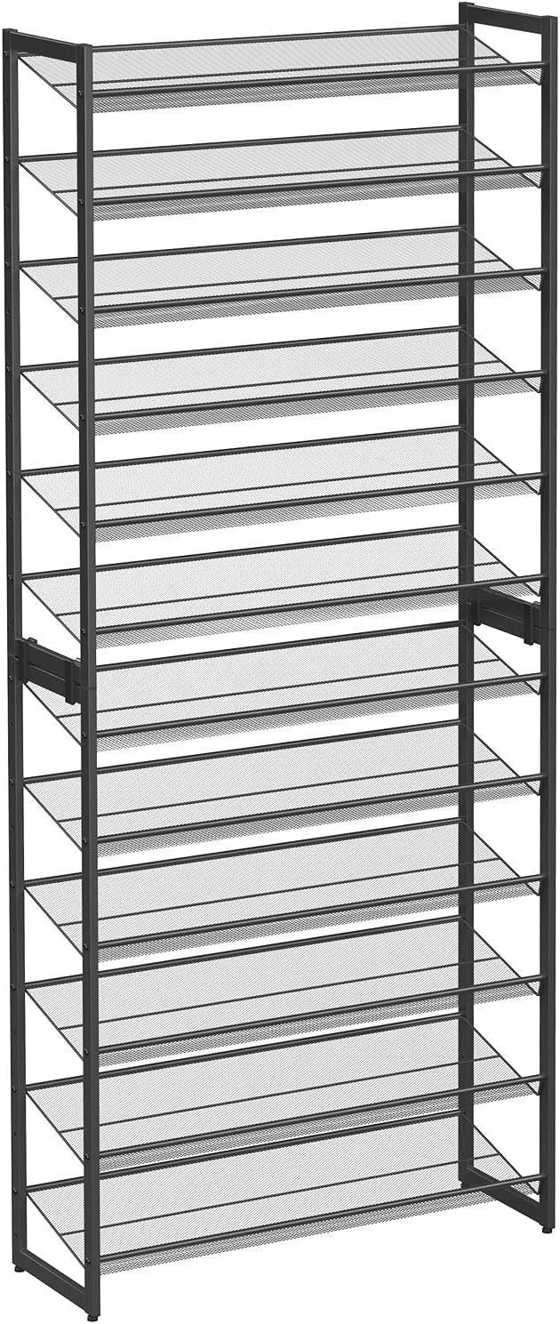 12-Tier Adjustable Metal Shoe Rack – Stackable, Holds 48-60 Pairs, Black