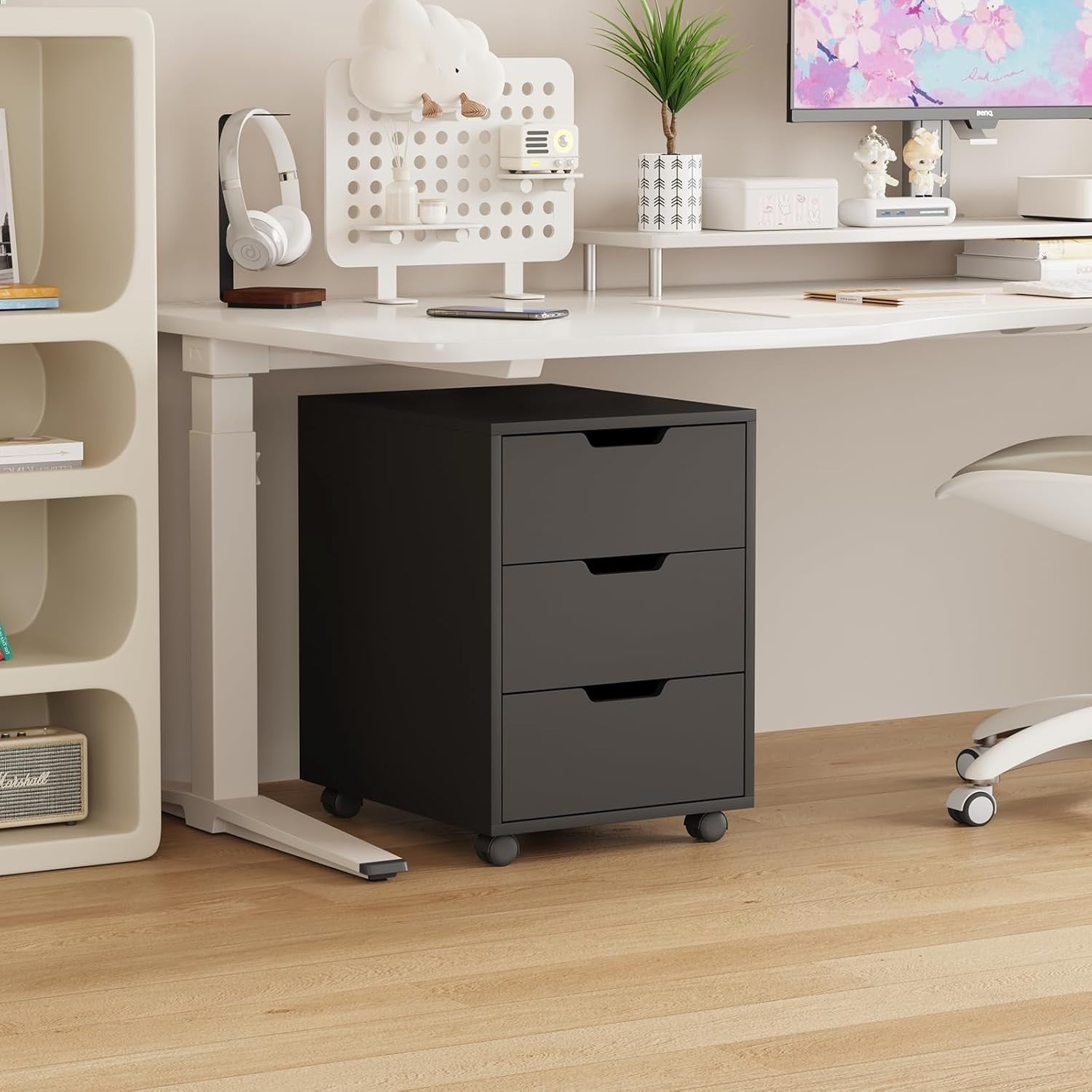 Black Rolling Desk Pedestal 3 Drawer Under Desk File Printer Cabinet
