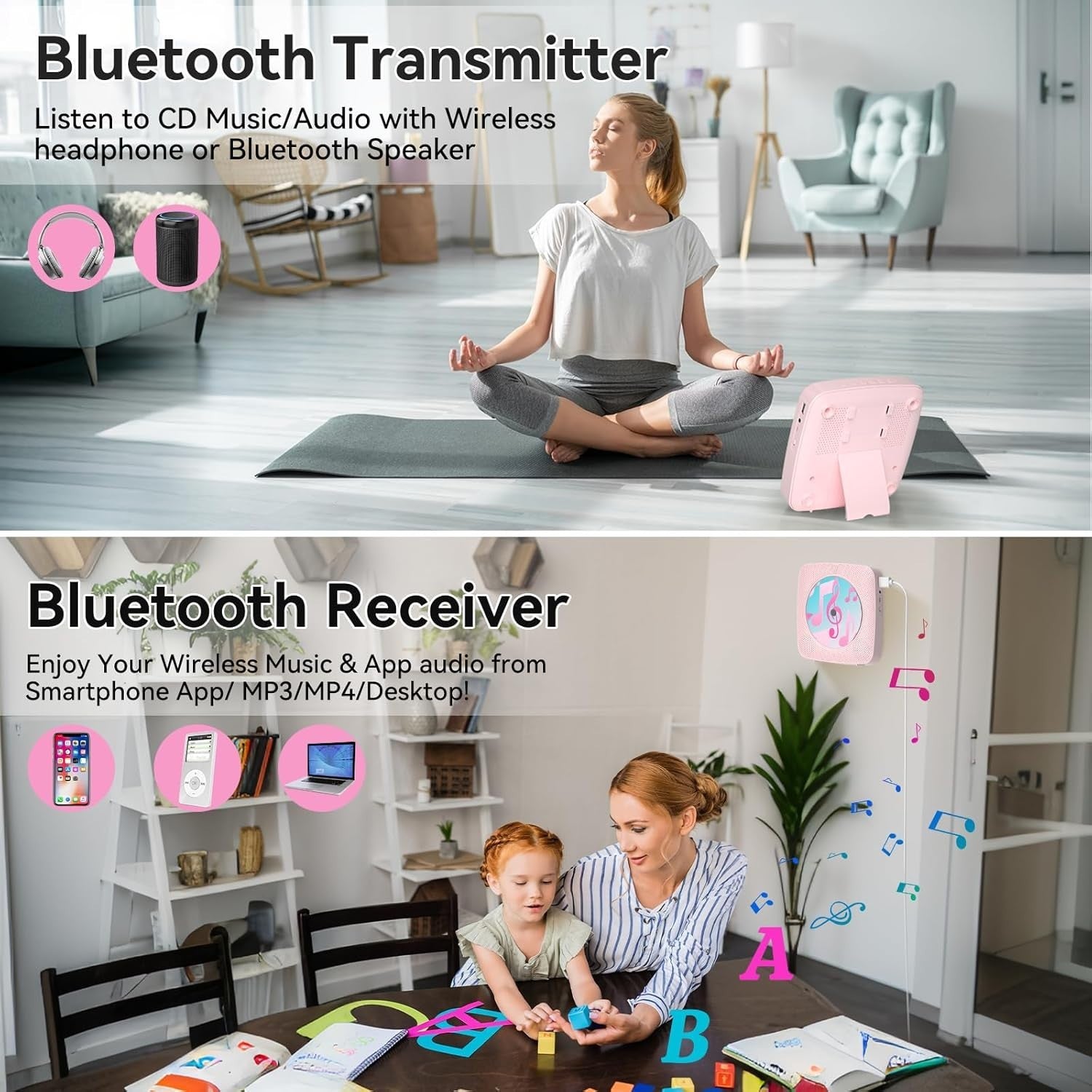 Portable CD Player Bluetooth Speakers FM Radio USB AUX Remote Pink