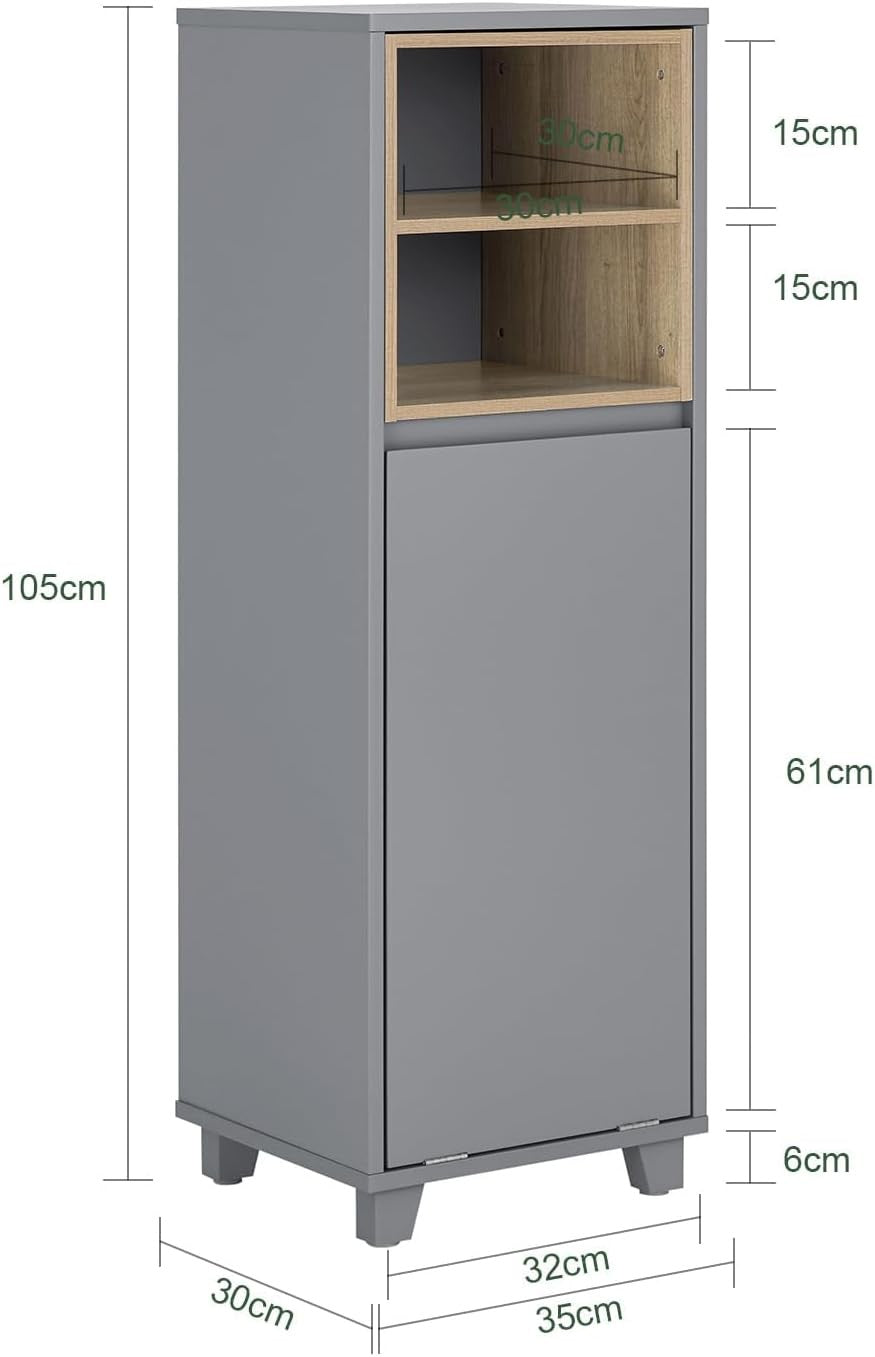 Slim Bathroom Storage Cabinet with Fold-Out Laundry Basket Grey 35×105cm