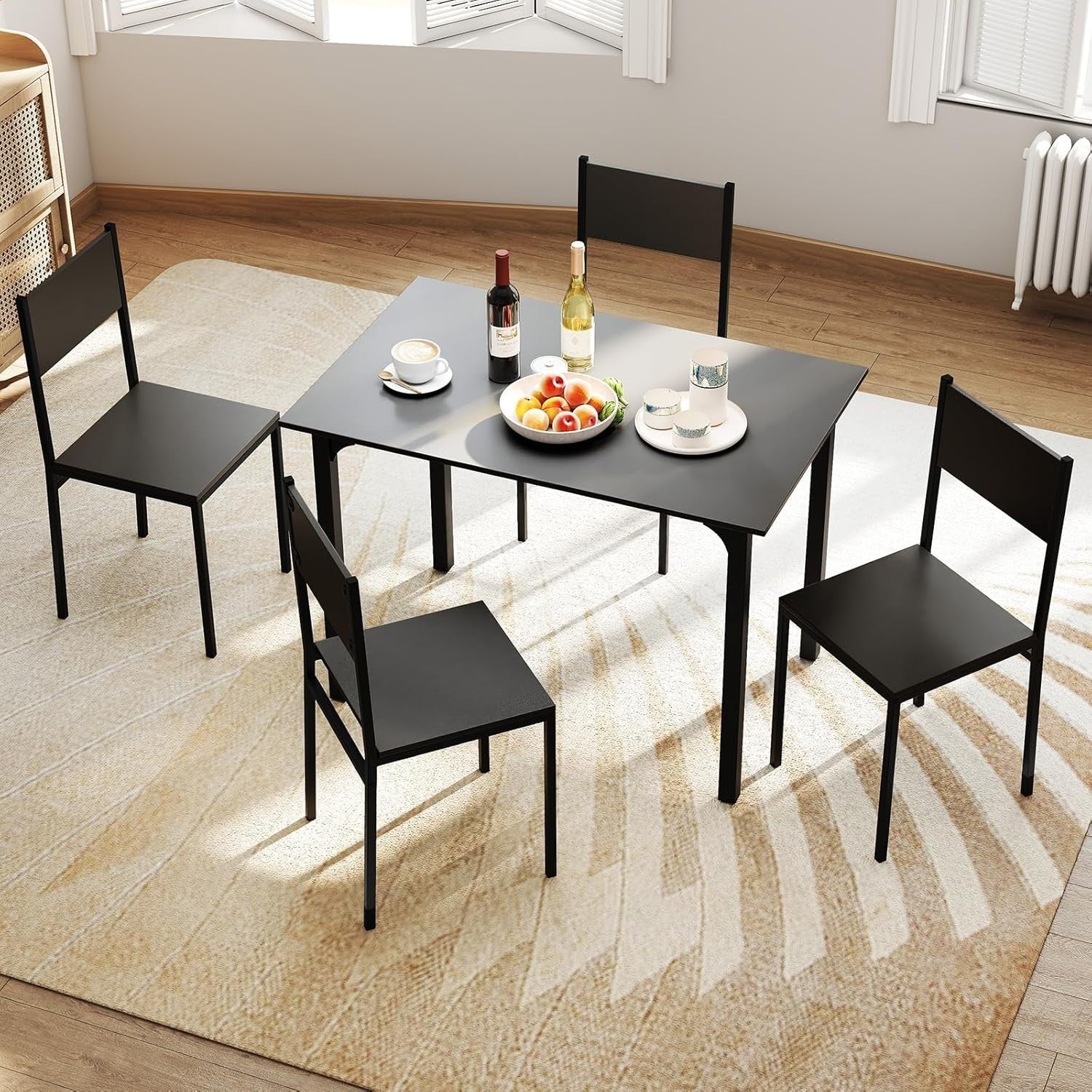 4 Seater Dining Table Set Space Saving Metal Frame Kitchen Room Black