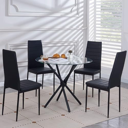 Round Glass Dining Table Set 4 Seater 90cm Black Faux Leather Chairs