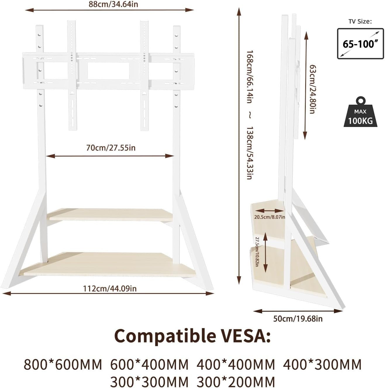 Mobile TV Stand 65-100" with Lockable Wheels, Adjustable Height & 2 Shelves
