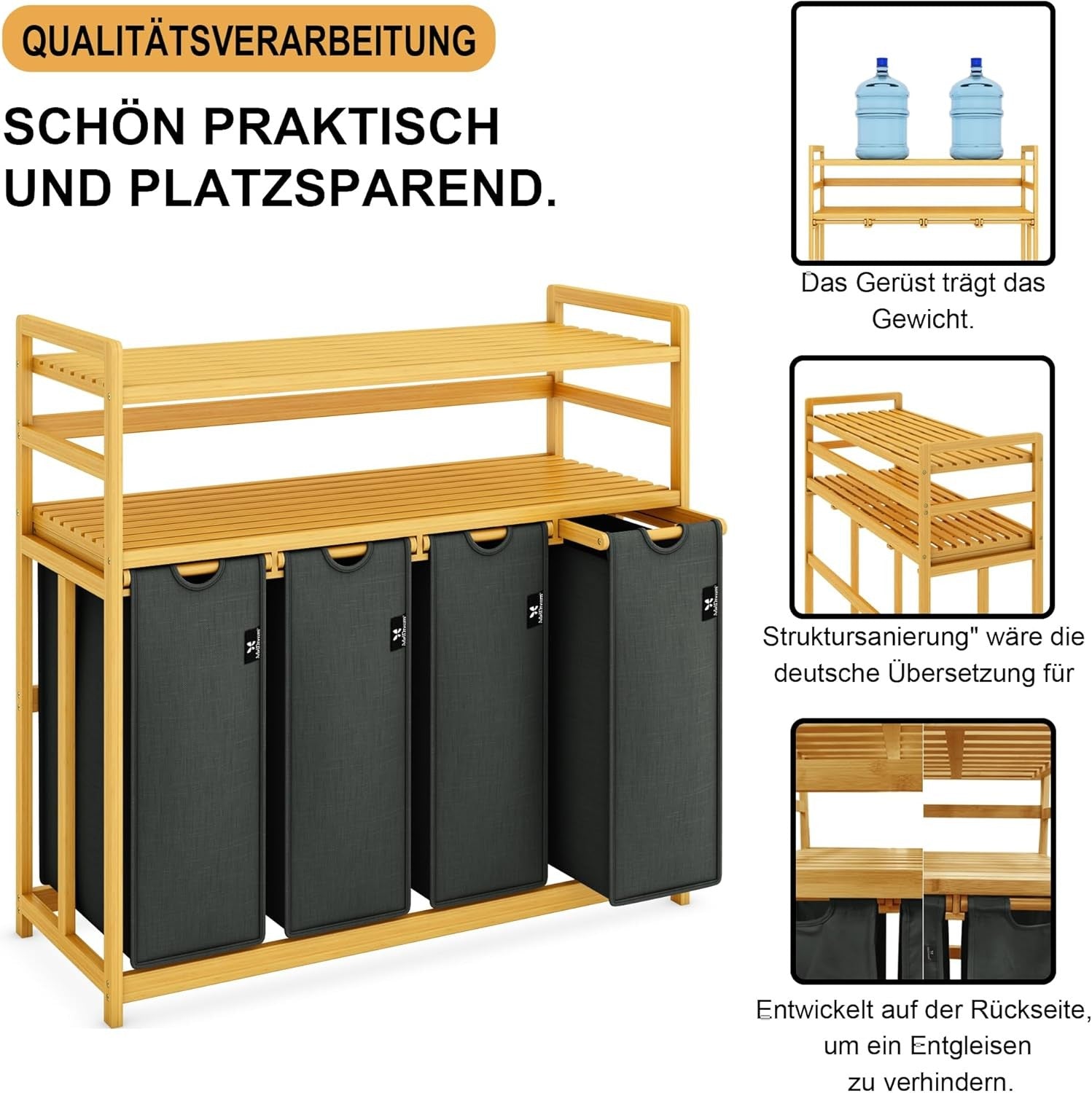 200L 4-Section Laundry Sorter Bamboo Frame Grey With Shelf Removable Bags