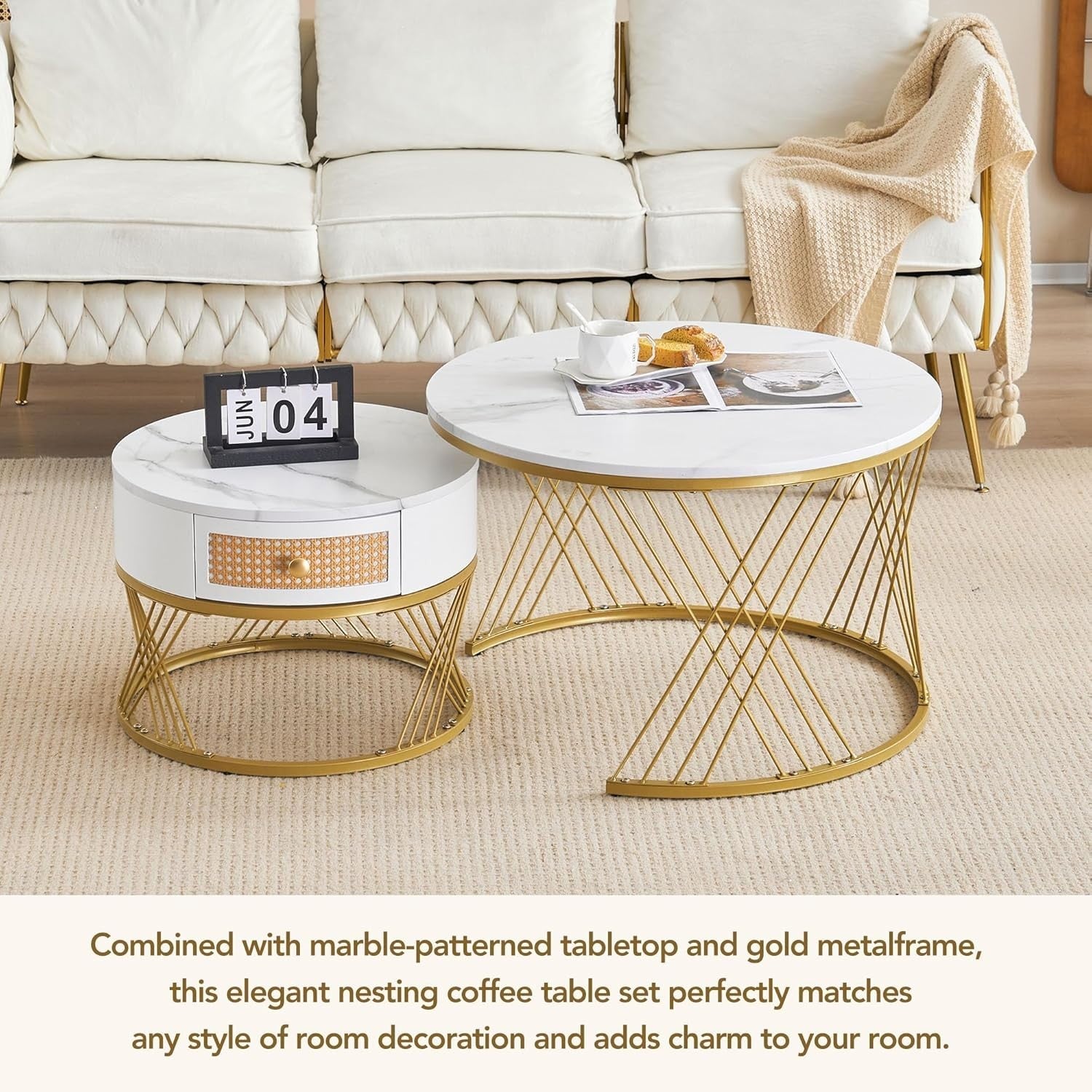 ModernLuxe 2-in-1 Round Coffee Table Set with Rattan Drawer & Gold Metal Frame