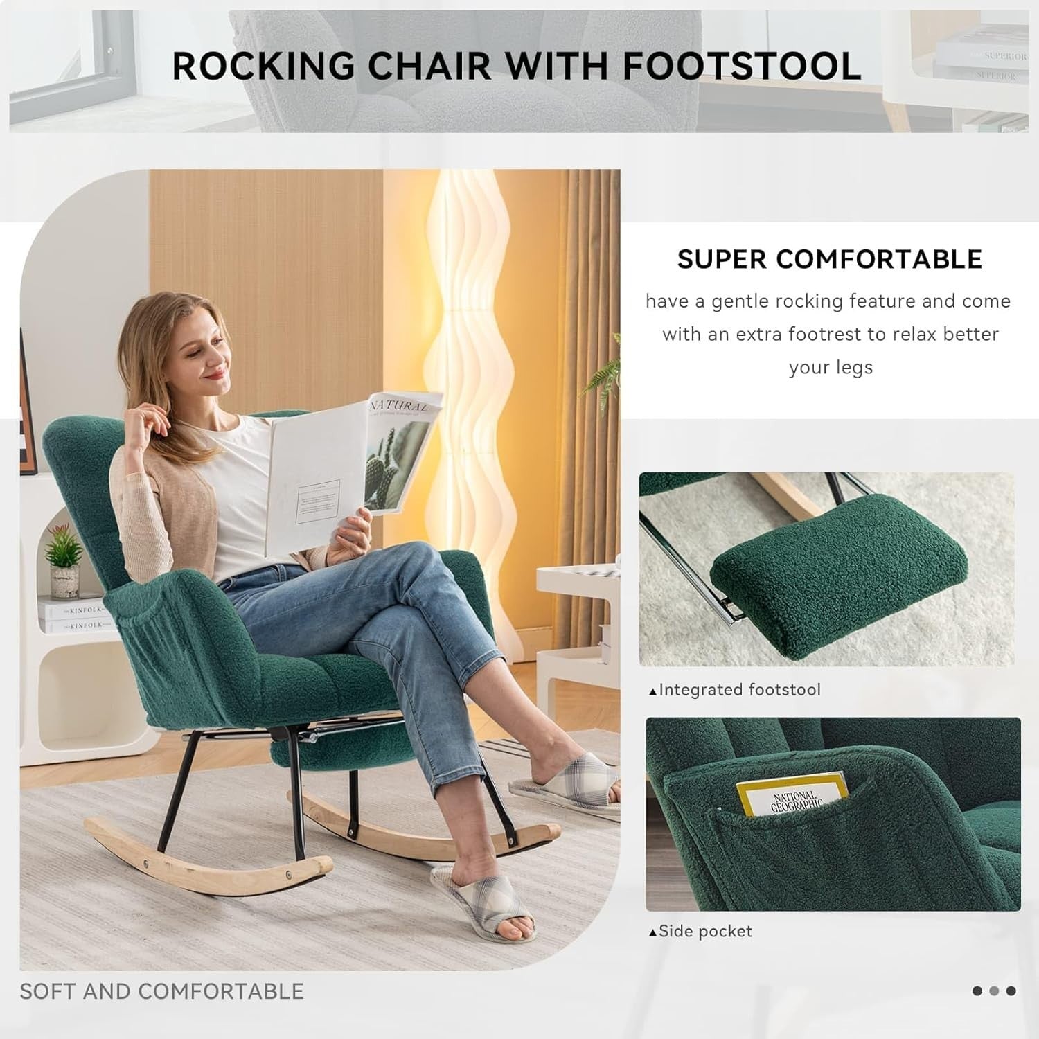 Ergonomic Nursing Rocking Chair with Footstool, Wooden Glider, Cozy Armchair