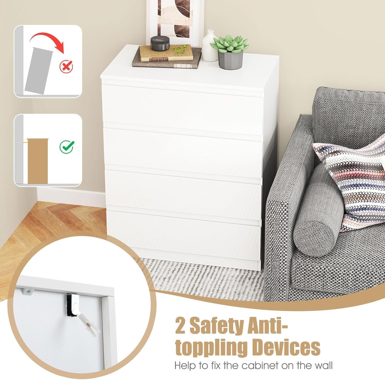 White High Gloss 4 Drawer Chest Modern Storage Unit for Bedroom 70x89cm