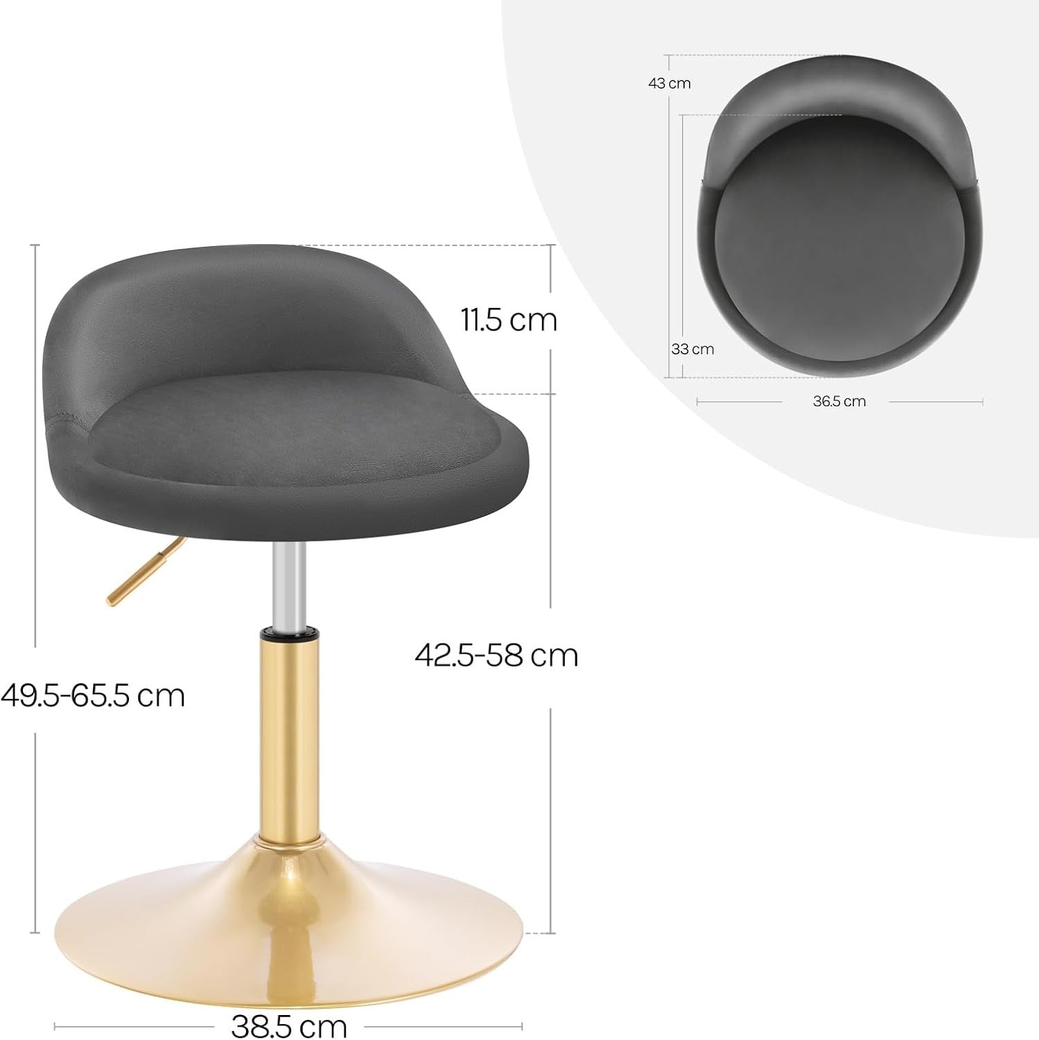 Dark Grey Velvet Swivel Stool Height Adjustable Round Chair Gold Base