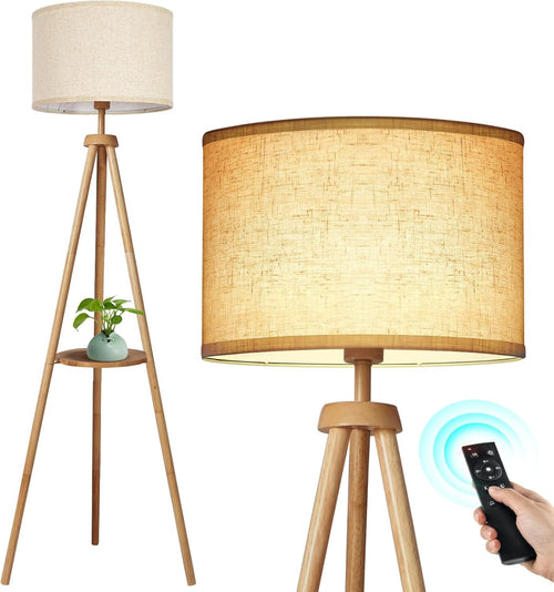 Wooden Tripod Floor Lamp Remote Dimmable Shelf Linen Shade