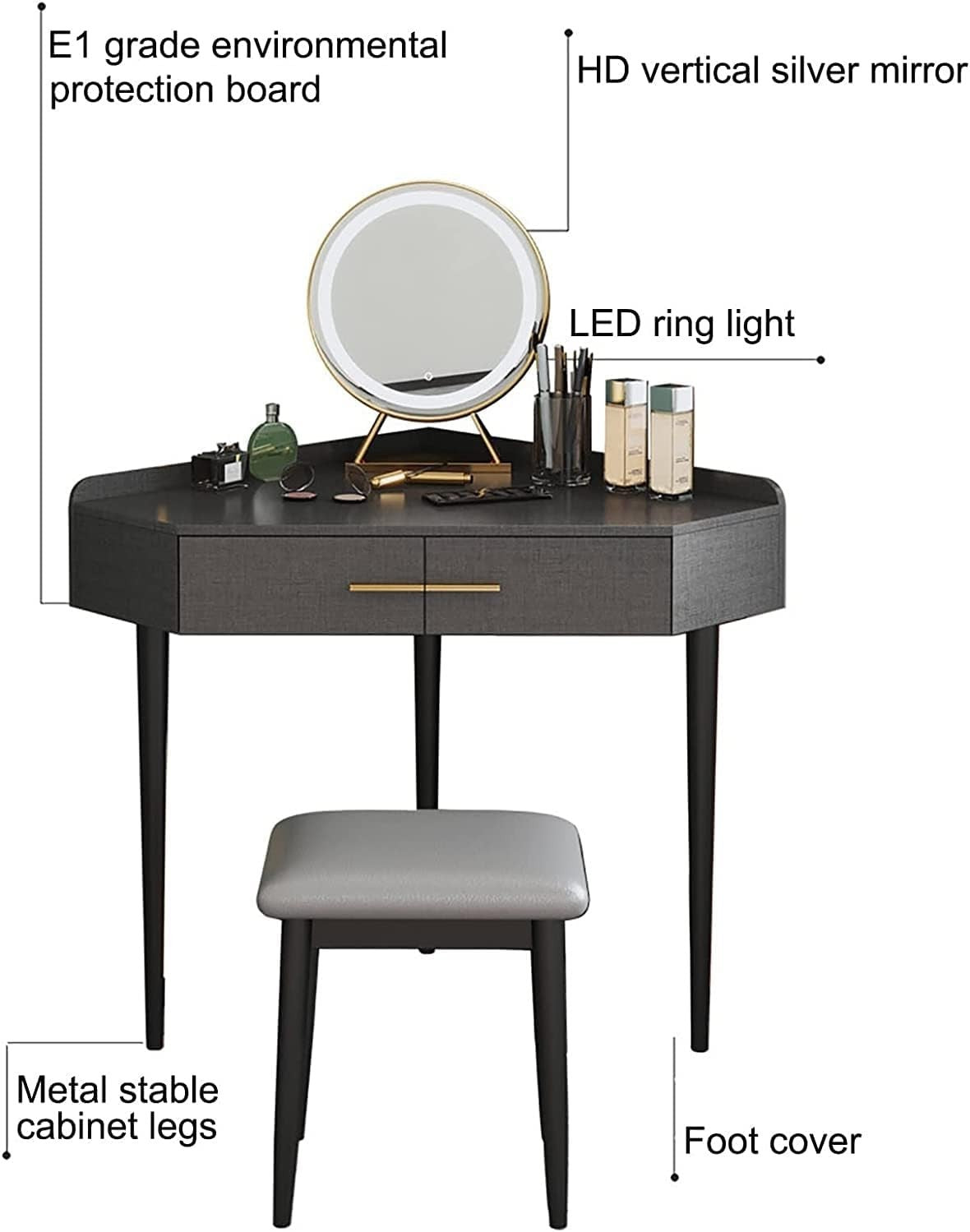 ZUMAHA Furniture Corner Design Vanity Desk, Dressing Table with 5 Drawers & LED
