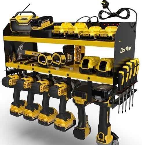 Heavy Duty Wall Mounted Tool Organizer Rack 6-Slot with Power Strip – Yellow