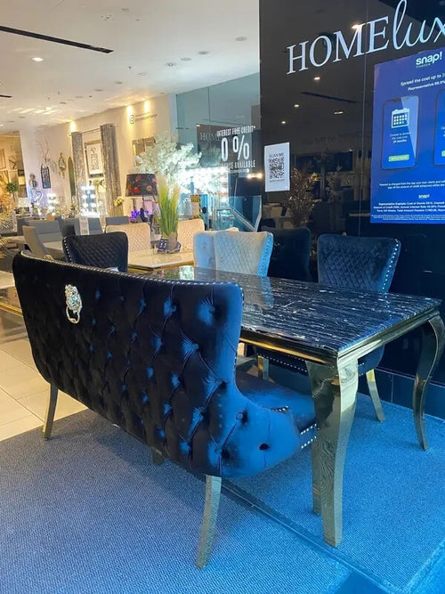 Black Velvet Dining Bench Gold Legs Lion Knocker Tufted Backrest Seat
