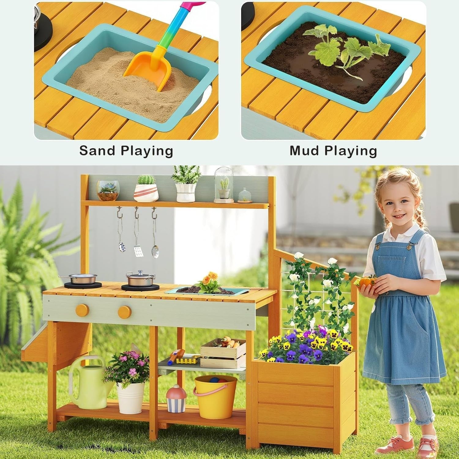Outdoor Kids Mud Kitchen Garden Potting Bench Wooden Playset Toy