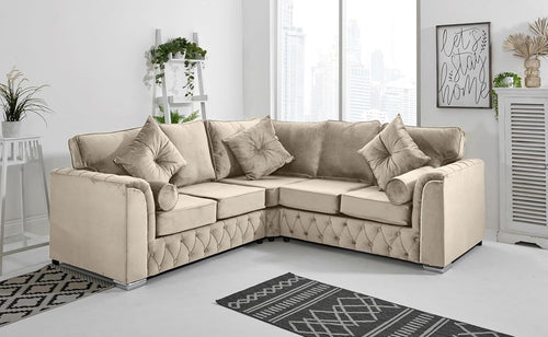 Cream Plush Velvet 5-Seater Corner Sofa – Fullback & Button Detail