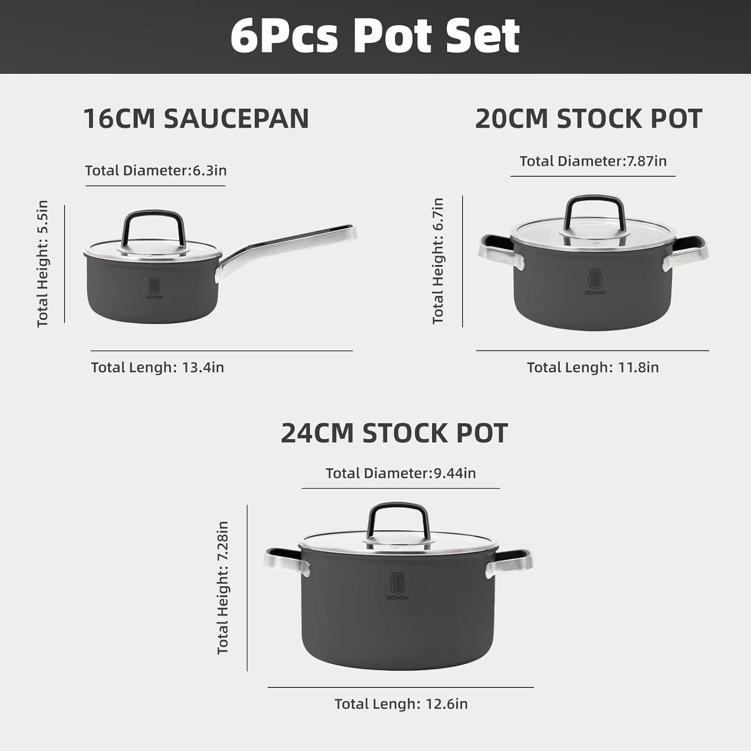6Pcs Shadow Grey Stainless Steel Cookware Pot Set with Glass Lids Induction Safe