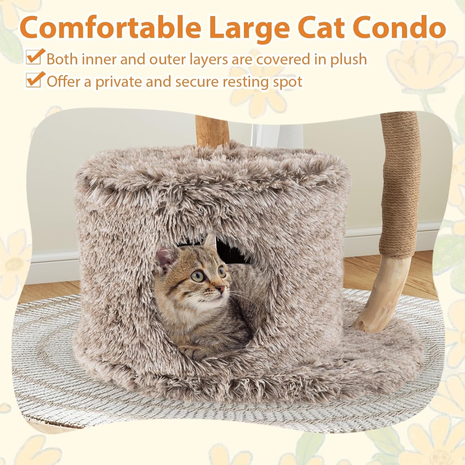 105cm Wooden Cat Tree Multi Level Tower with Basket Perch & Jute Scratching