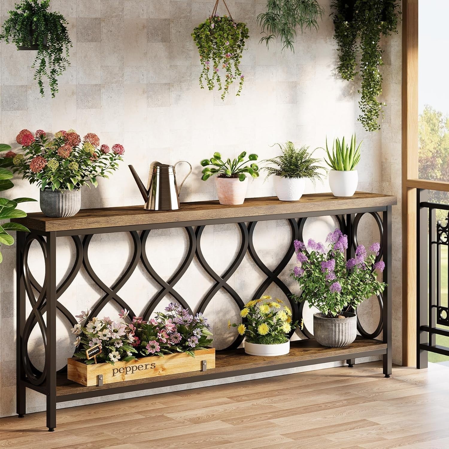 Industrial Console Table 90x90x40cm Rustic Brown 2-Tier Sofa Entryway