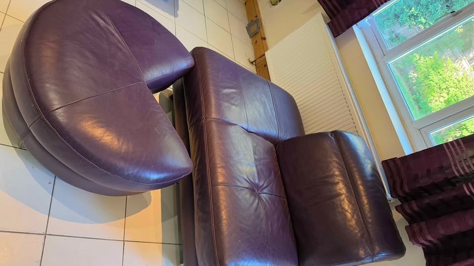 Large Purple Leather Corner Sofa + Footstool (PTP)