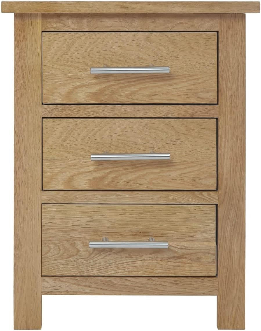 Solid Oak Bedside Table with 3 Drawers – Natural Wooden Nightstand