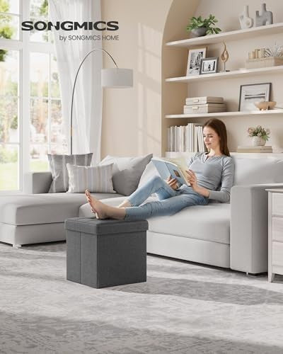 Dark Grey Folding Storage Ottoman Cube 38cm Footstool with Lid & Tufted Seat