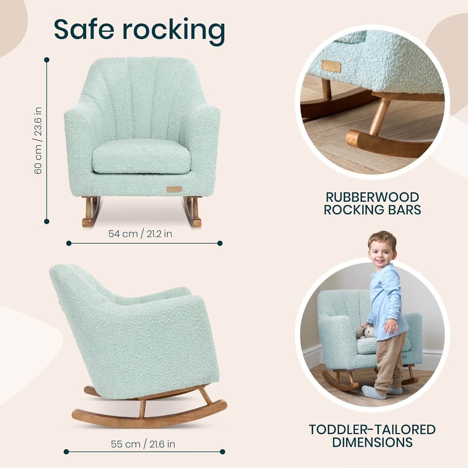 Toddler Rocking Chair Soft Bouclé Fabric, Rubberwood Bars, Easy Assembly