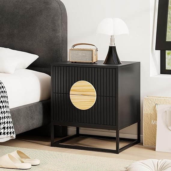 Set of 2 Black Modern Bedside Tables – Dual Drawers Metal Frame Wood Accent
