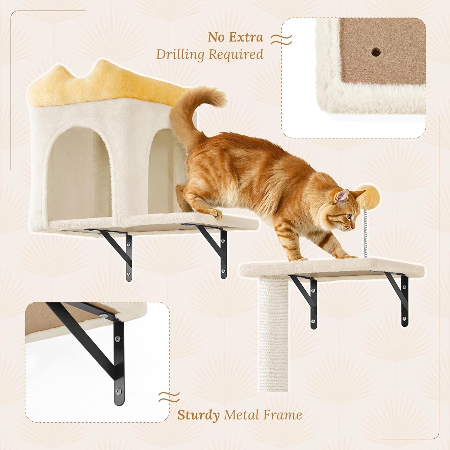 Wall Mounted Cat Shelves Climbing Set with Scratching Posts Perches Beige