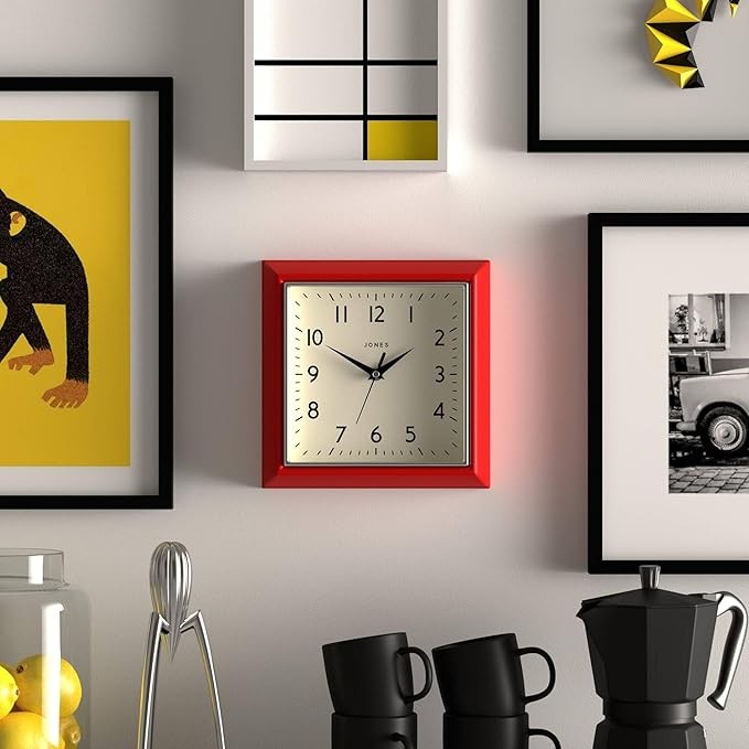 Red Retro Square Wall Clock 25cm Silent Quartz Easy Read Modern Kitchen Office