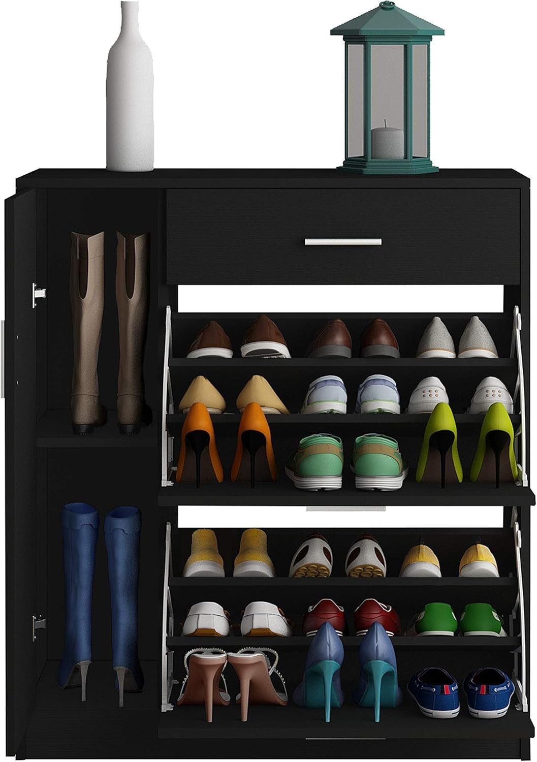 Modern Black Shoe Cabinet with Drawer & 18-Pair Pull-Down Storage Rack