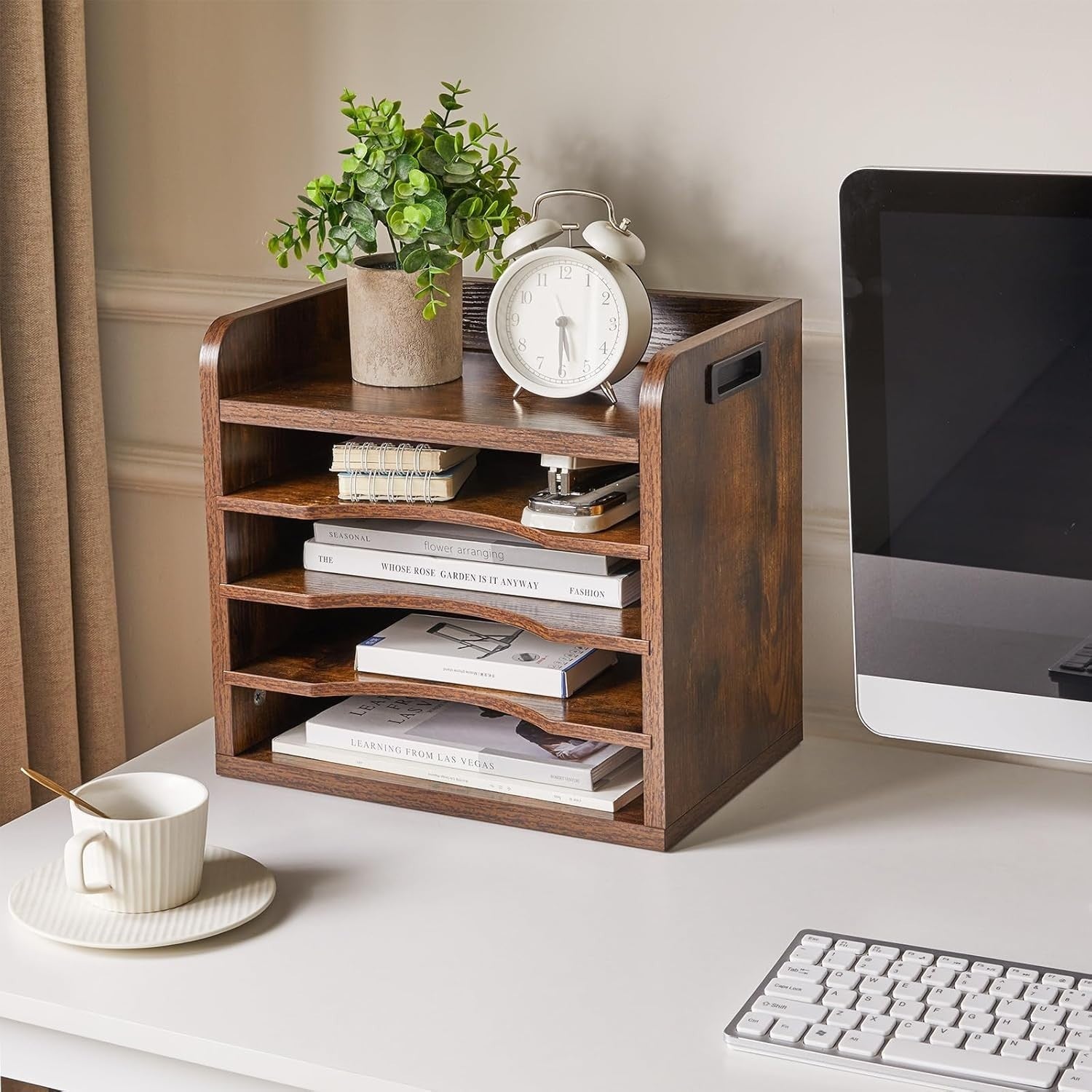 5 Tier Desk File Organiser A4 Paper Tray Magazine Holder Adjustable Wood