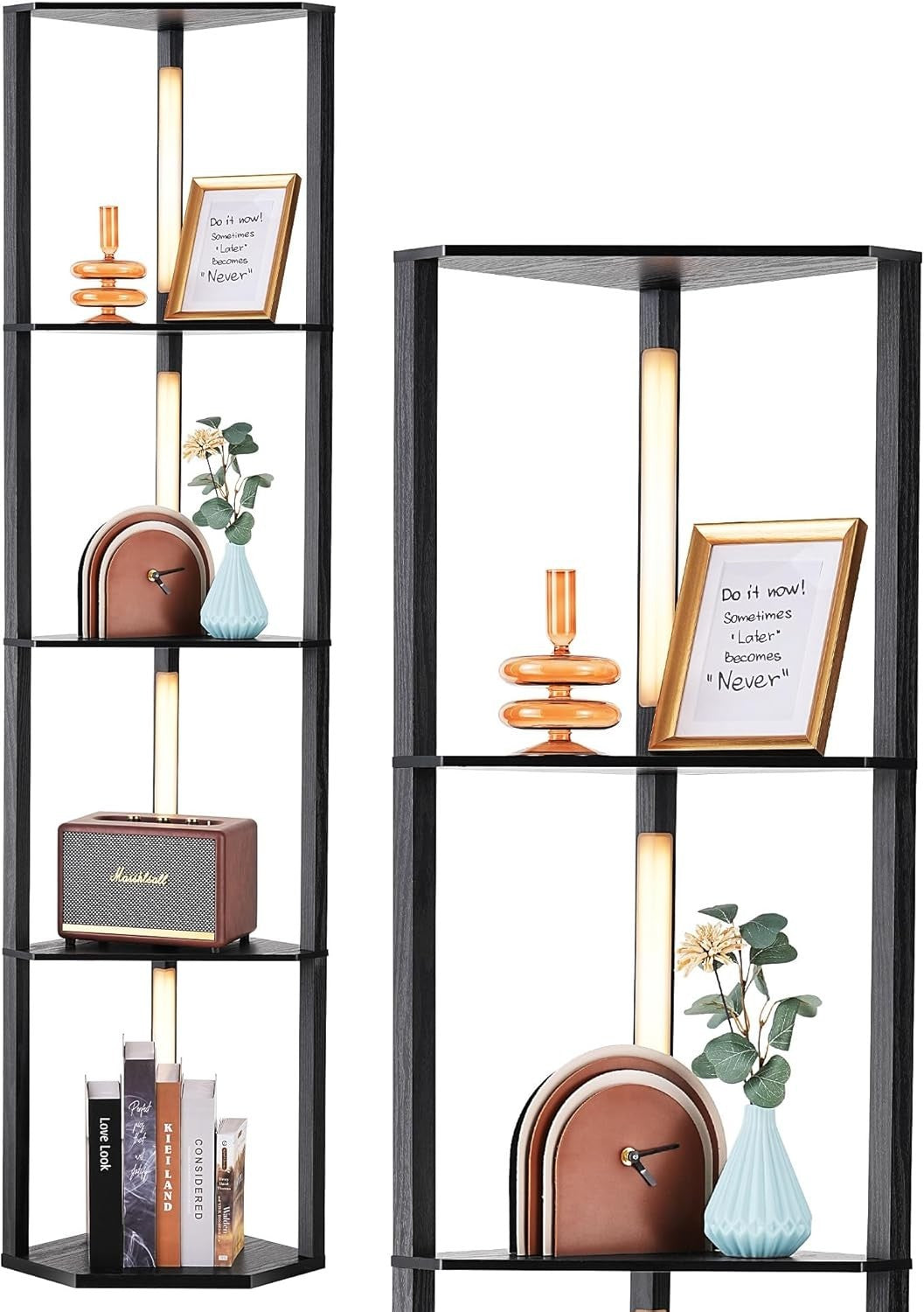 LED Floor Lamp with Shelves Black Wood 4-Tier Corner Light for Living Room