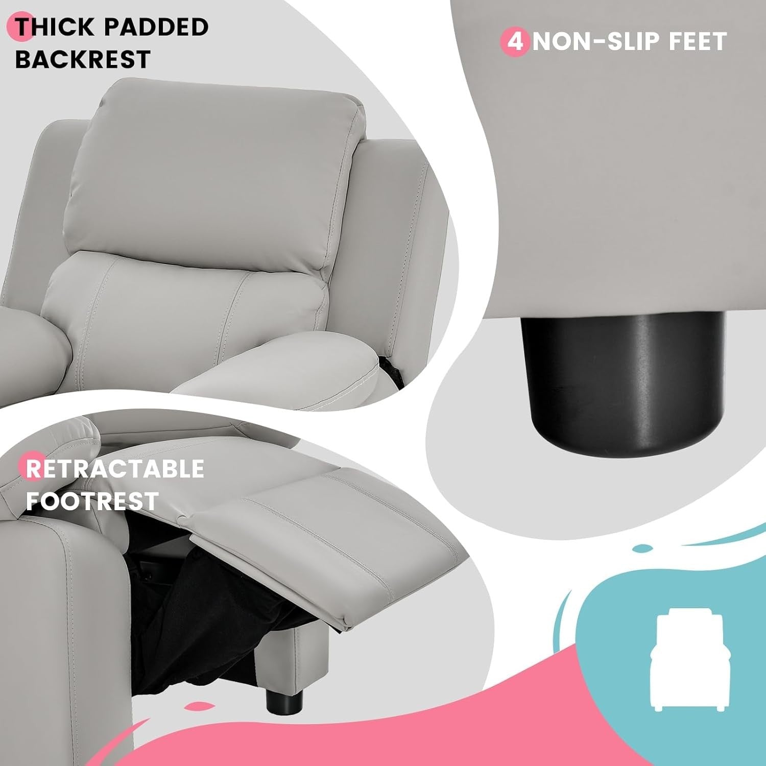 Kids Recliner Chair Adjustable Backrest & Footrest PU Leather Sofa 66x60x73cm
