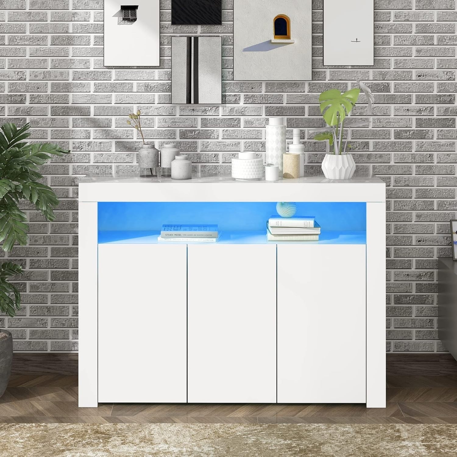 High Gloss LED Sideboard Cabinet 3-Door Storage Buffet Kitchen Dining Room