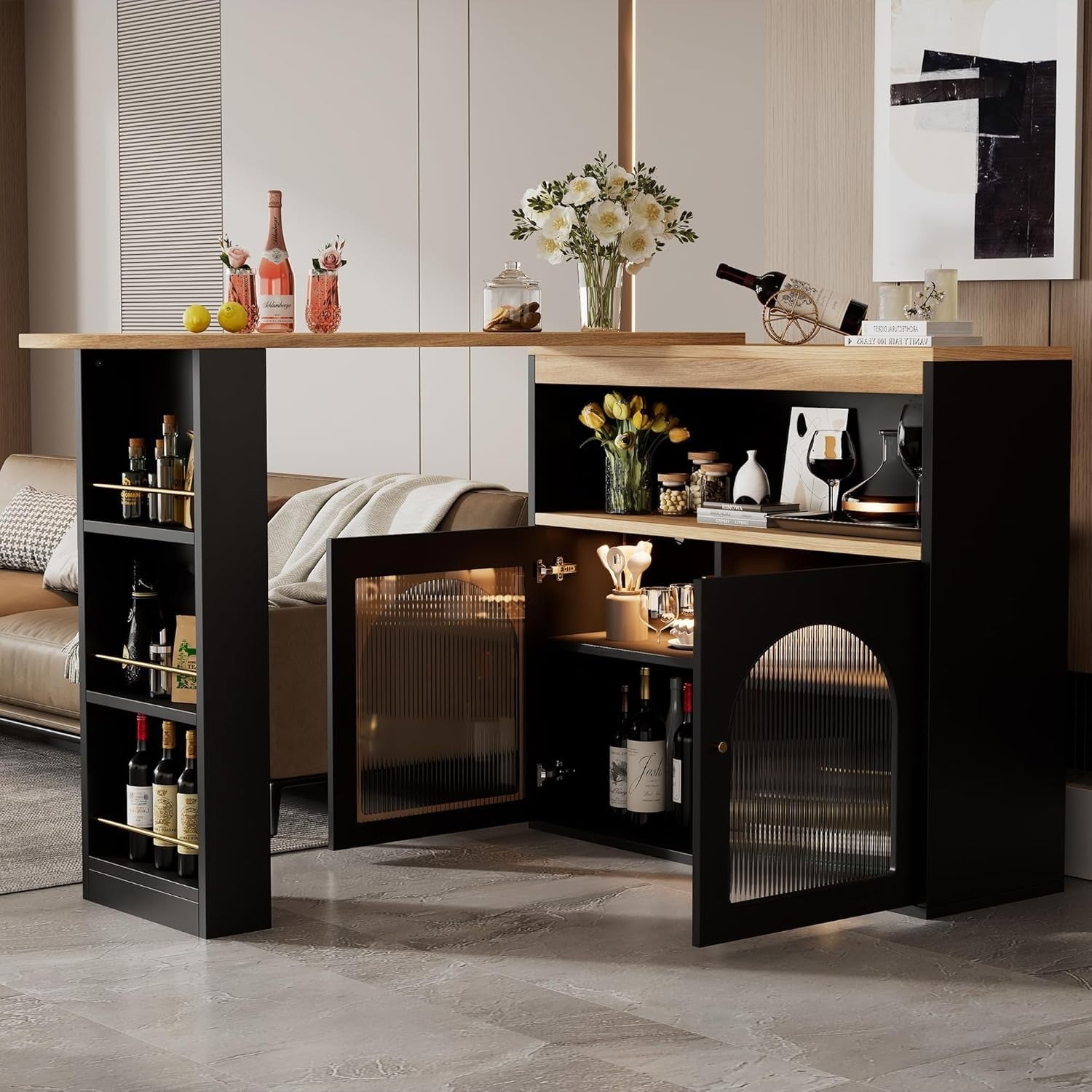 360° Swivel Bar Table LED Strip & 3 Tier Storage Shelves Modern Black Furniture