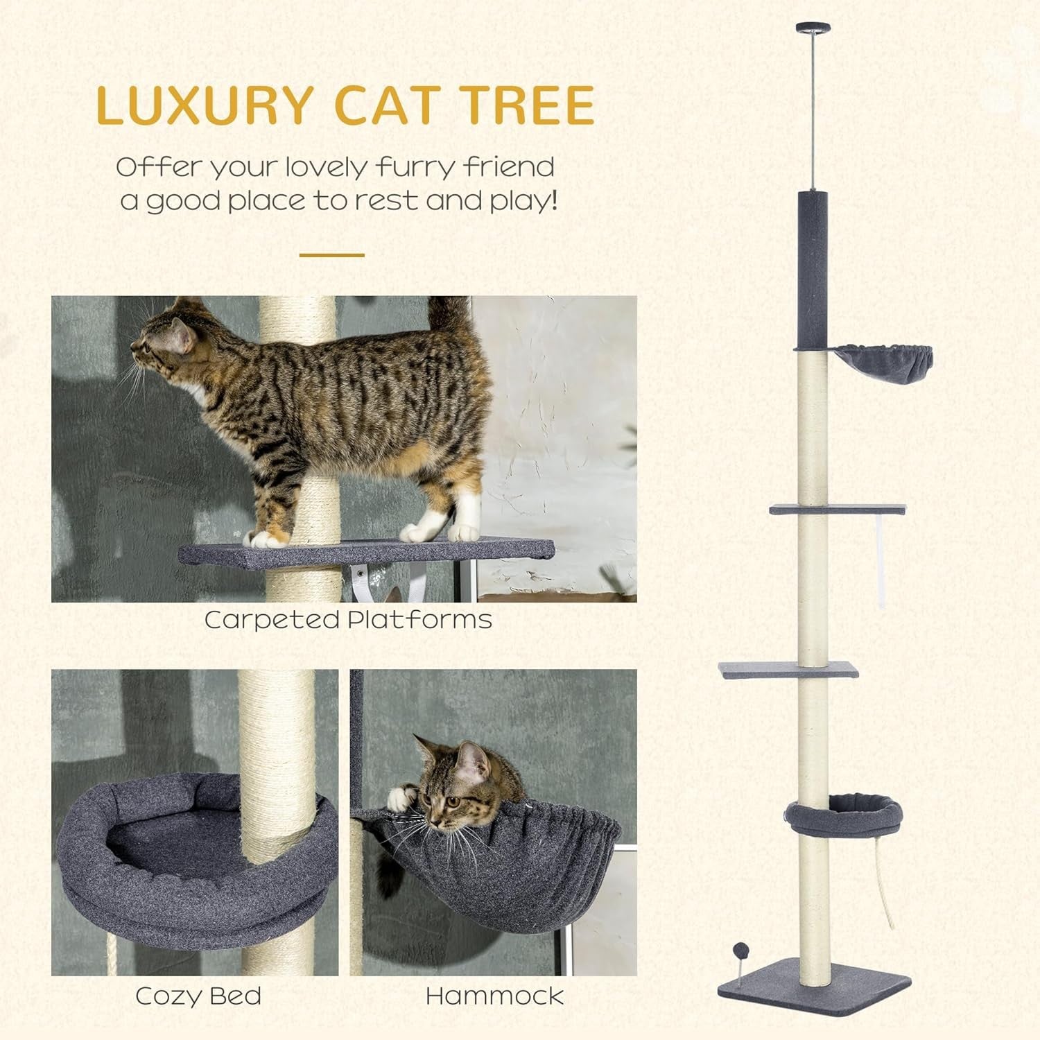 Floor to Ceiling Cat Tree 5 Tier Adjustable Climbing Tower with Hammock