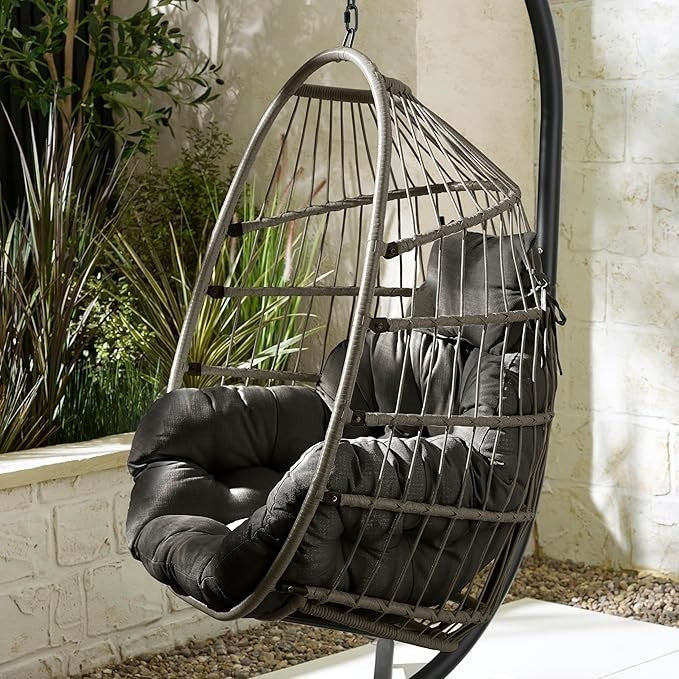 Grey Rattan Hanging Egg Chair Outdoor Garden Swing Seat Cushions Patio Balcony