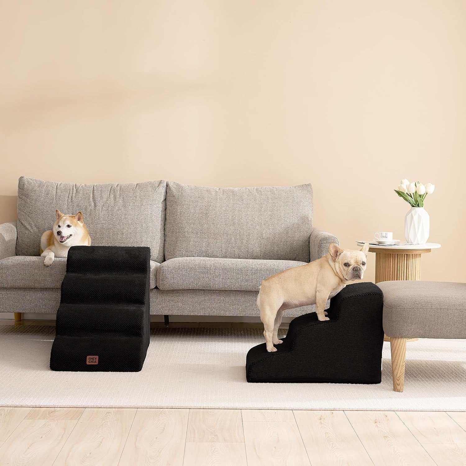 4 Step Dog Stairs for High Bed Non Slip Foam Pet Steps Washable Black