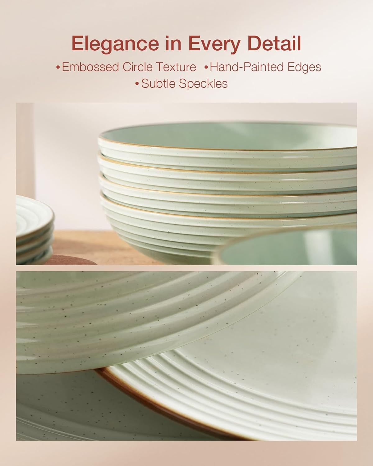 12pc Stoneware Dinner Set Light Green Gold Rim Plates Bowls Dishwasher Safe