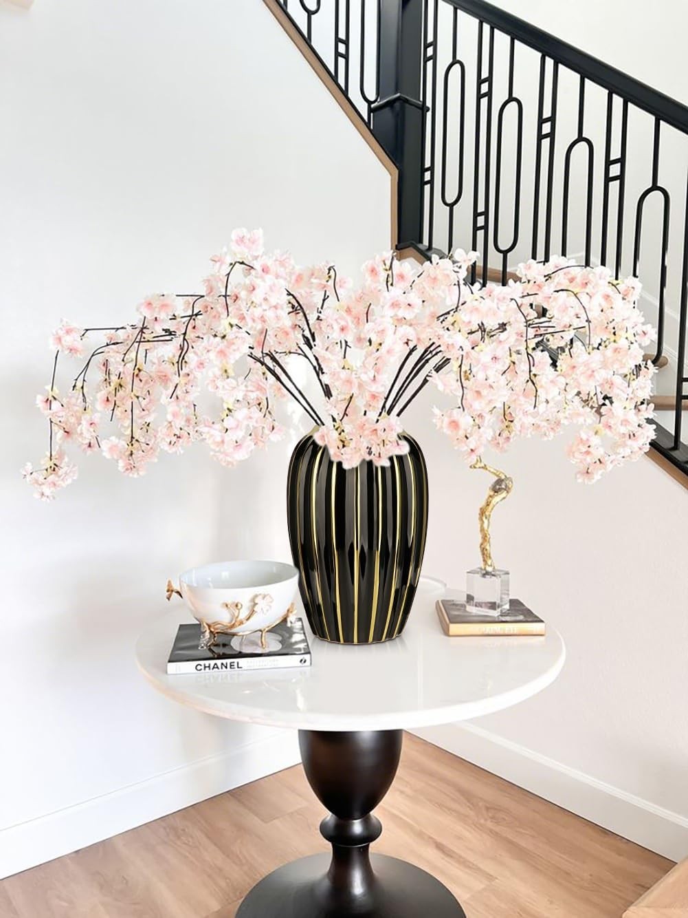 Black Gold Ribbed Ceramic Vase Luxury Decorative Floral Table Home Décor