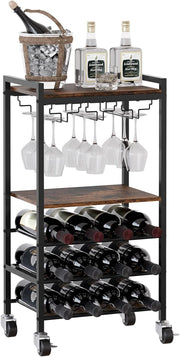 Wine Rack Trolley on Wheels 12 Bottle Bar Cart Glass Holder Drinks Storage