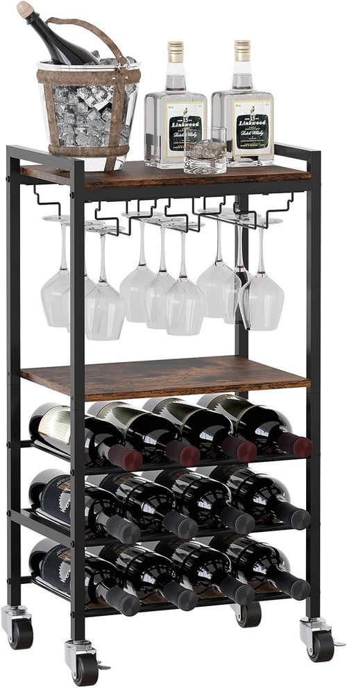 Wine Rack Trolley on Wheels 12 Bottle Bar Cart Glass Holder Drinks Storage