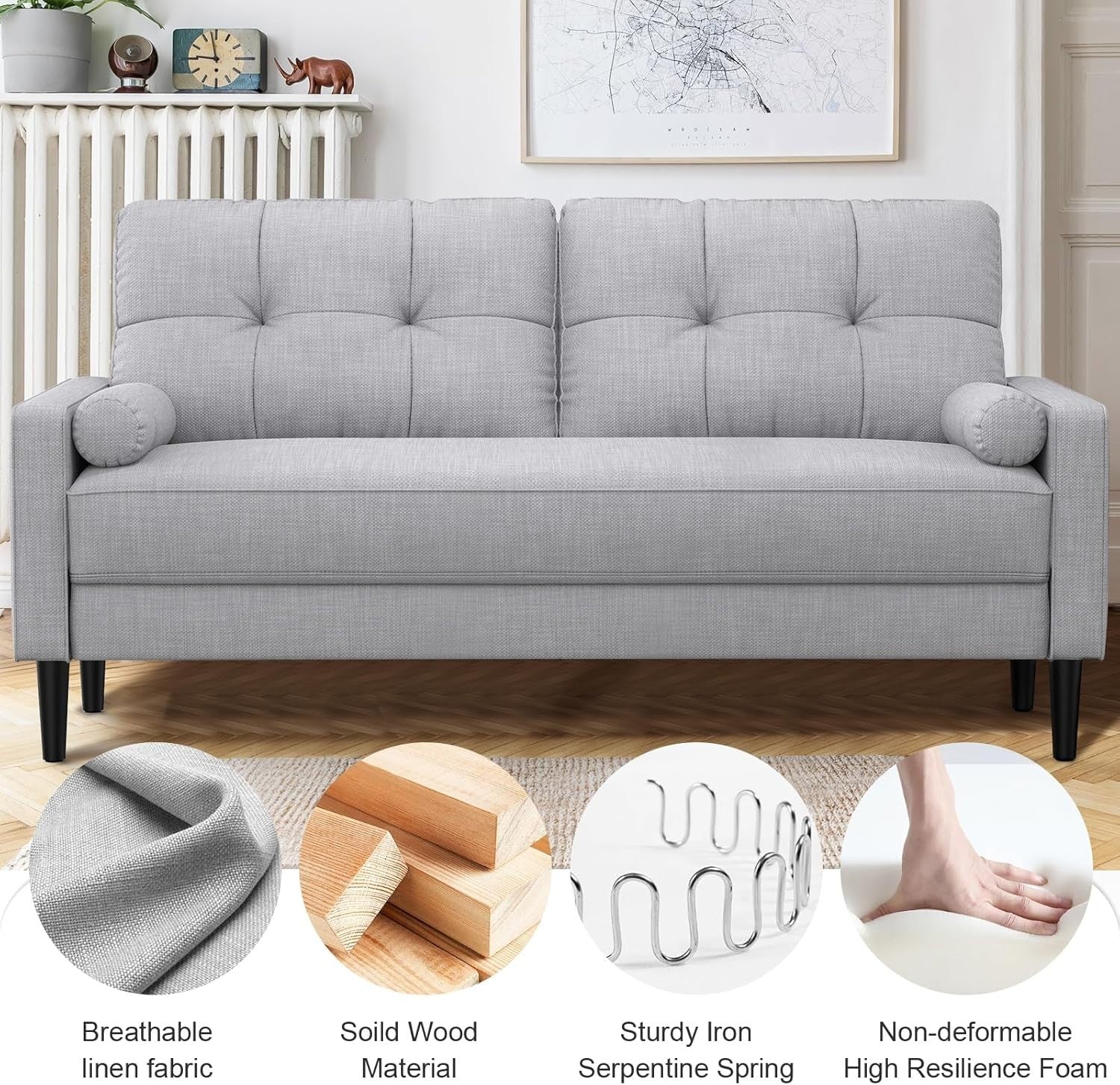 Grey 2 Seater Sofa Linen Fabric Couch Storage Cushions Small Room Ready