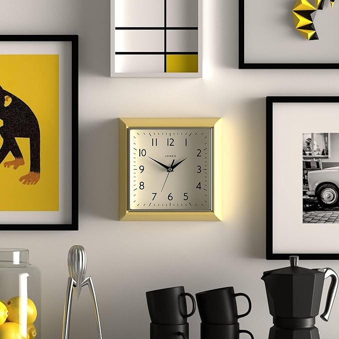 Mustard Yellow Retro Square Wall Clock 25cm Silent Quartz Easy Read Kitchen Offi