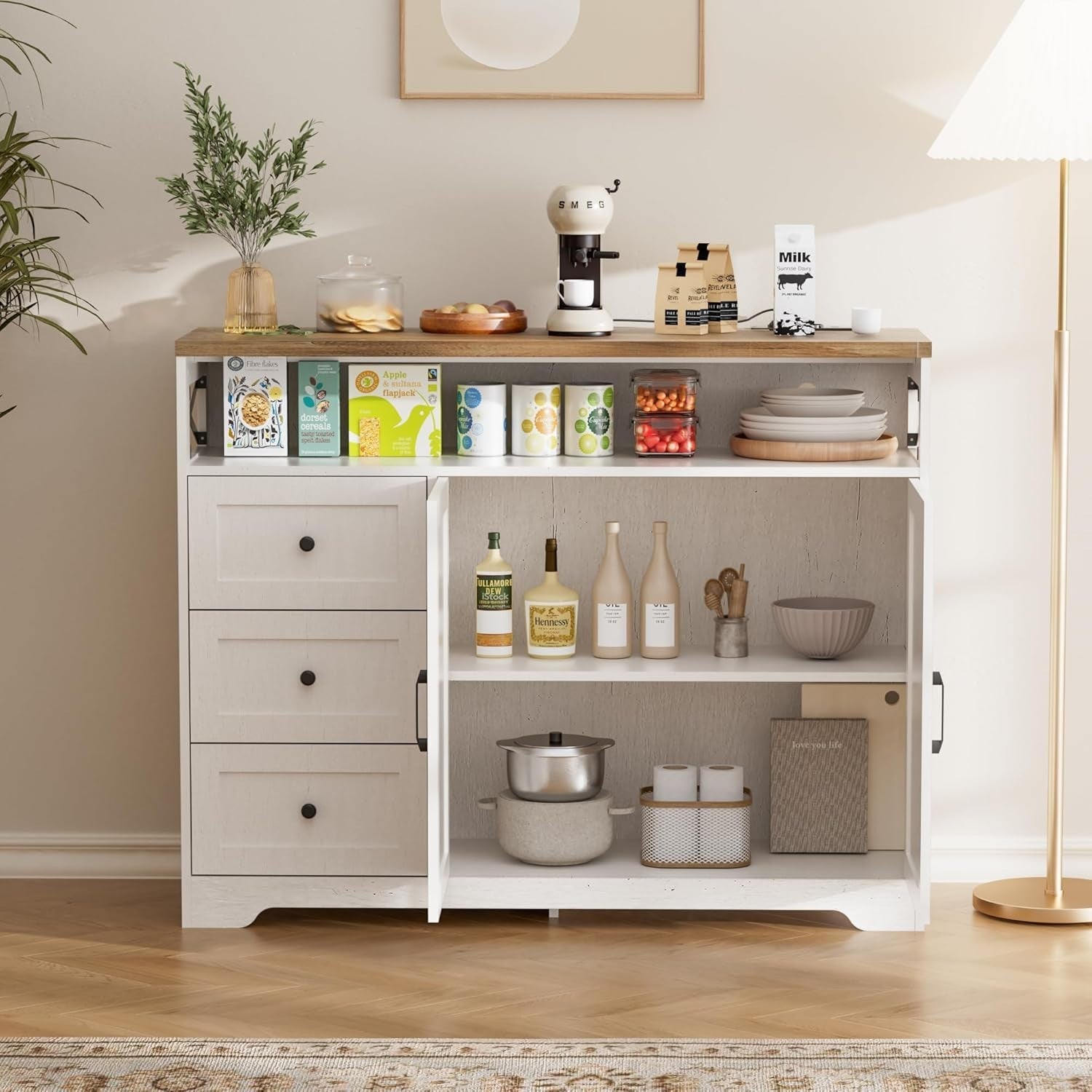 White Sideboard Cabinet 95cm Storage Unit Drawers Adjustable Shelf Charging Hub