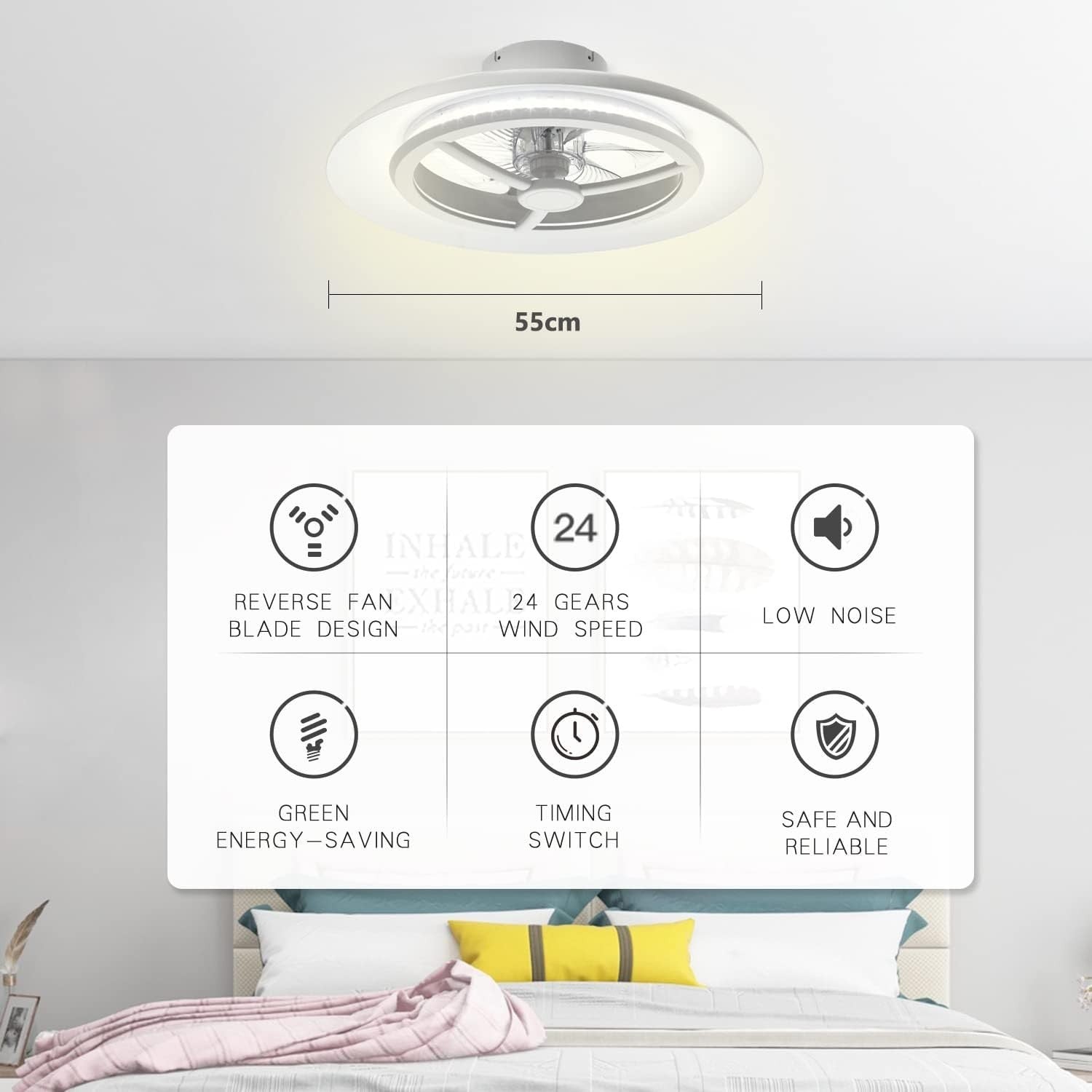 55CM Smart LED Ceiling Fan Light, Adjustable Speed, RGB Dimming 3000-5500K