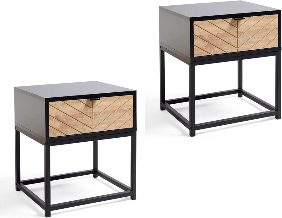 Set of 2 Modern Industrial Bedside Tables | Black & Light Wood Nightstands